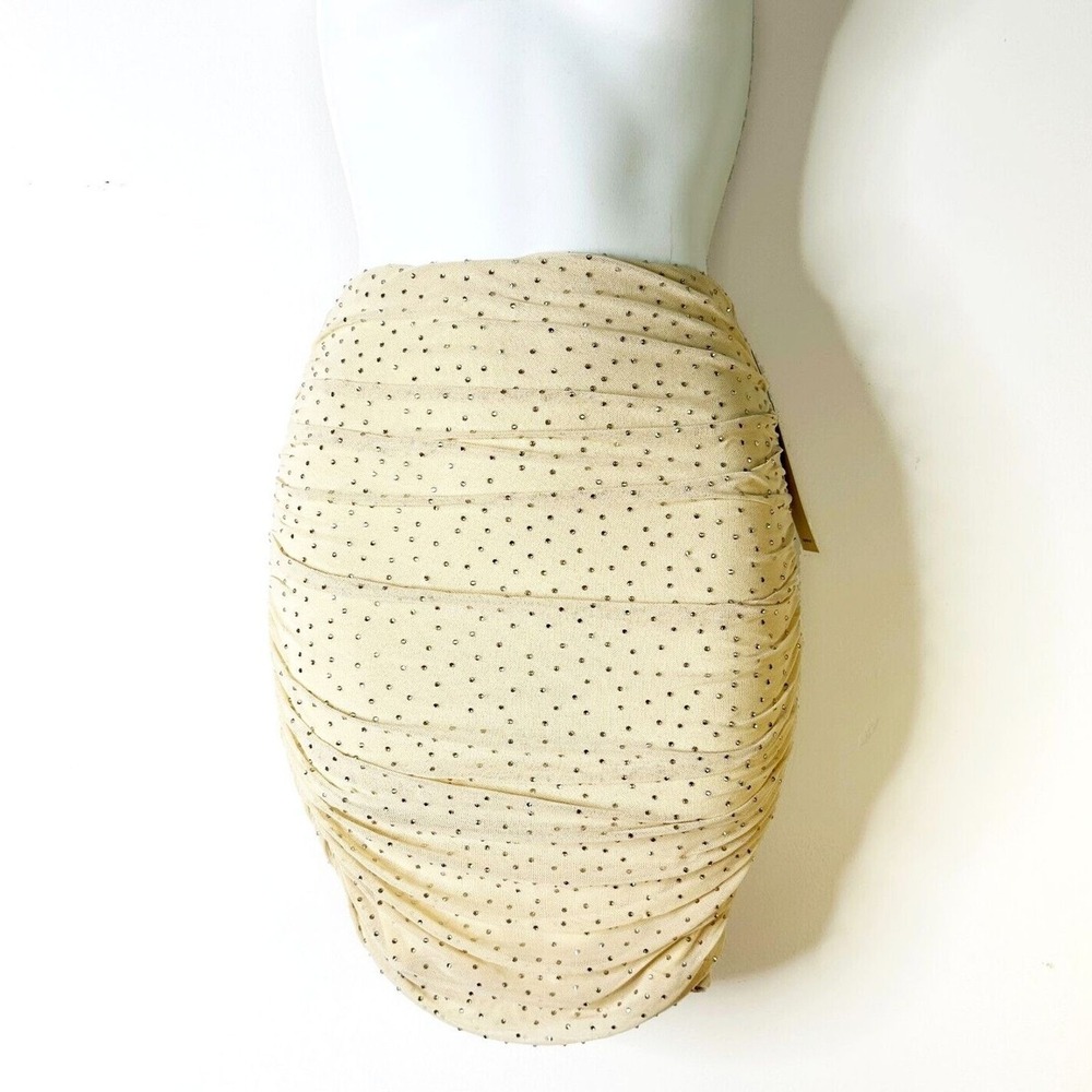 AFRM LA Skirt Women XS Neutral Ruched Mesh Tulle Mini Rhinestone Y2K Glam  NWT